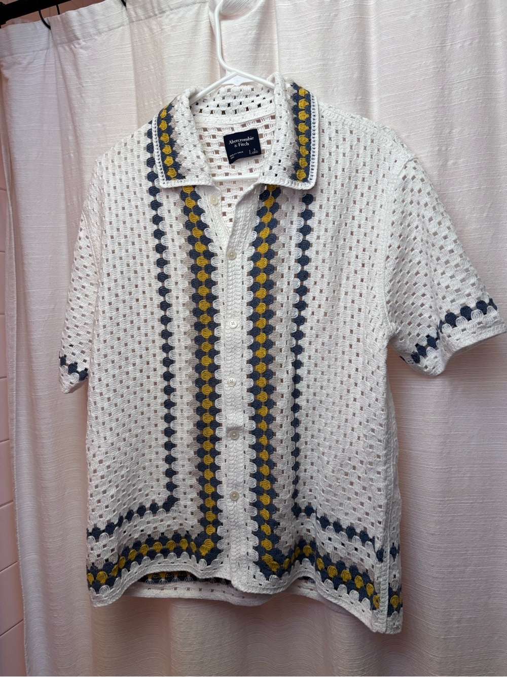 Abercrombie & Fitch White Crocheted Short-Sleeve Polo with Navy and Mustard Trim